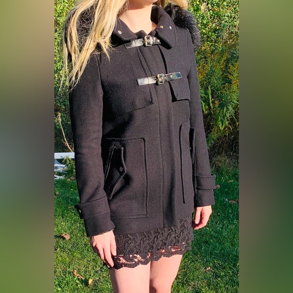 Zara black 75% wool winter jacket coat hood with black fur buckles zipper pocket - Picture 11 of 14